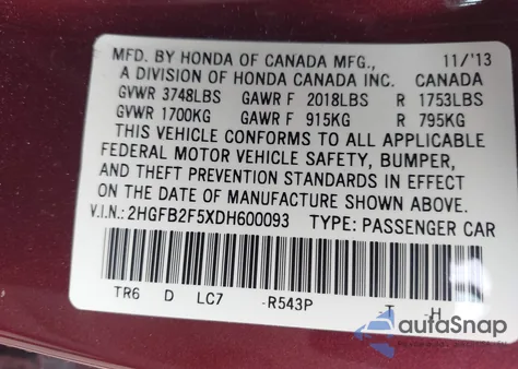 2013 Honda Civic Lx from USA, damaged, VIN 2HGFB2F5XDH600093